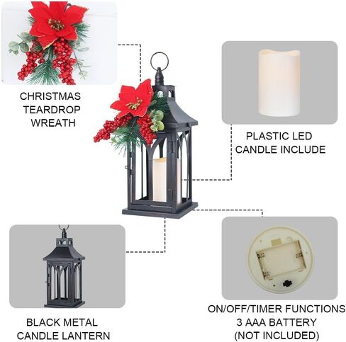 DECORKEY Christmas Decorations For Home, Decorative Christmas Lantern Indoor Outdoor Decor, Metal Hanging Candle Holder with Xmas Teardrop Wreath & LED Candle for Table Centerpieces, Patio, Porch(Red) in Saudi Arabia