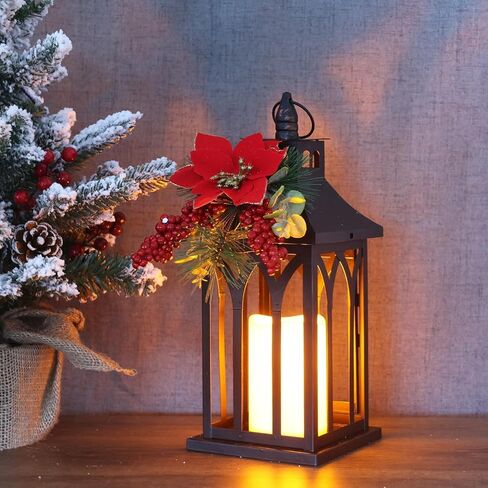 DECORKEY Christmas Decorations For Home, Decorative Christmas Lantern Indoor Outdoor Decor, Metal Hanging Candle Holder with Xmas Teardrop Wreath & LED Candle for Table Centerpieces, Patio, Porch(Red) in Saudi Arabia