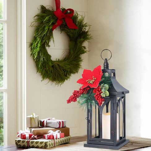 DECORKEY Christmas Decorations For Home, Decorative Christmas Lantern Indoor Outdoor Decor, Metal Hanging Candle Holder with Xmas Teardrop Wreath & LED Candle for Table Centerpieces, Patio, Porch(Red) in Saudi Arabia