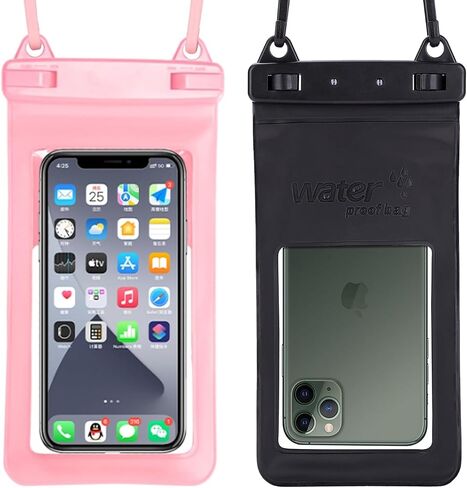 حقيبة هاتف مقاومة للماء، حافظة هاتف مقاومة للماء مع حبل متوافق مع iPhone 16 15 14 13 12 11 Pro XS MAX XR X SE، حقيبة هاتف جافة IPX8 [عبوة من قطعتين] - أسود + وردي in Saudi Arabia
