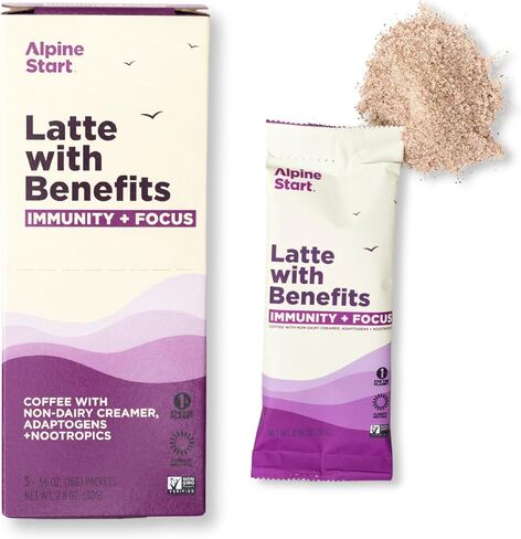 Alpine Start Latte with Benefits - Organic Instant Coffee Latte with Immunity+Focus - Non-Dairy, Vegan, Paleo, Non-GMO, (0.56oz Pack of 5) in Saudi Arabia