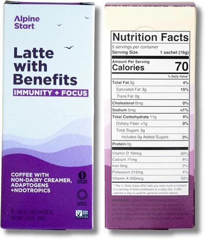 Alpine Start Latte with Benefits - Organic Instant Coffee Latte with Immunity+Focus - Non-Dairy, Vegan, Paleo, Non-GMO, (0.56oz Pack of 5) in Saudi Arabia