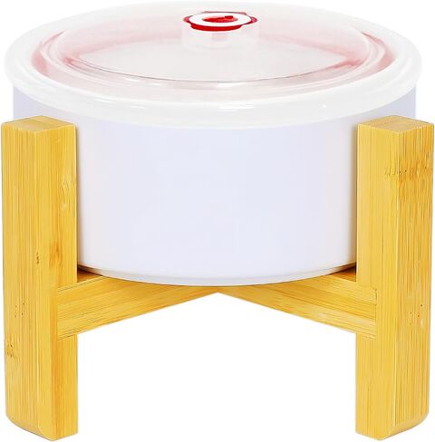 White Ceramic Elevated Raised Cat Food Bowls Set with Lid and Wood Stand for Cat & Small Size Dog, Durable Ceramic Food & Water Dish for Pet in Saudi Arabia