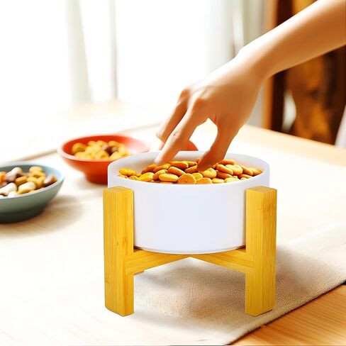 White Ceramic Elevated Raised Cat Food Bowls Set with Lid and Wood Stand for Cat & Small Size Dog, Durable Ceramic Food & Water Dish for Pet in Saudi Arabia