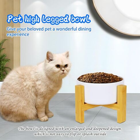 White Ceramic Elevated Raised Cat Food Bowls Set with Lid and Wood Stand for Cat & Small Size Dog, Durable Ceramic Food & Water Dish for Pet in Saudi Arabia