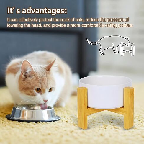 White Ceramic Elevated Raised Cat Food Bowls Set with Lid and Wood Stand for Cat & Small Size Dog, Durable Ceramic Food & Water Dish for Pet in Saudi Arabia