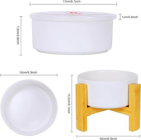 White Ceramic Elevated Raised Cat Food Bowls Set with Lid and Wood Stand for Cat & Small Size Dog, Durable Ceramic Food & Water Dish for Pet in Saudi Arabia