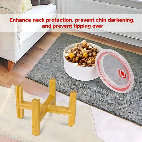 White Ceramic Elevated Raised Cat Food Bowls Set with Lid and Wood Stand for Cat & Small Size Dog, Durable Ceramic Food & Water Dish for Pet in Saudi Arabia