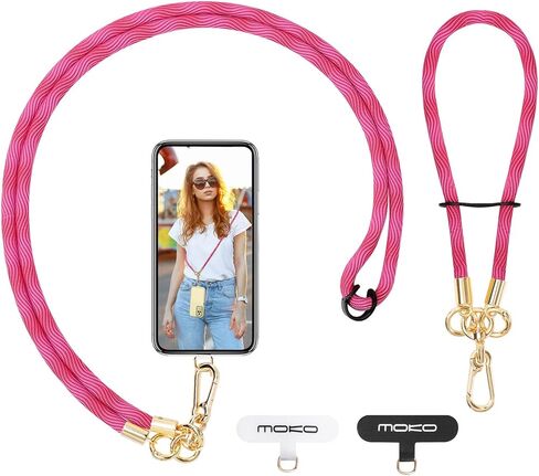 MoKo Crossbody Phone Lanyard, Adjustable Cell Phone Lanyard, Premium 8mm Thick Rope Mobile Phone Lanyard for iPhone, Samsung,and More | Phone Neck Strap×1, Wrist Strapx1, Lanyard Patch×2, Rose Red in Saudi Arabia