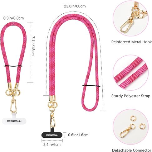 MoKo Crossbody Phone Lanyard, Adjustable Cell Phone Lanyard, Premium 8mm Thick Rope Mobile Phone Lanyard for iPhone, Samsung,and More | Phone Neck Strap×1, Wrist Strapx1, Lanyard Patch×2, Rose Red in Saudi Arabia
