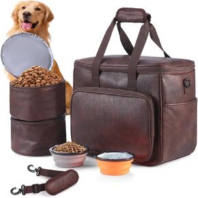 Dog Travel Bag, Leather Travel Pet Bag Set for Dog and Cat, Airline Approved Tote Organizer with Multi-Function Pockets, 2 Food Storage Containers, 2 Collapsible Bowls, Weekend Bag Luggage