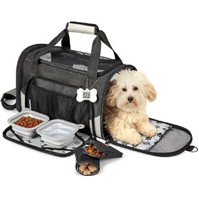 Mobile Dog Gear, Pet Carrier Plus, Small Dog Carrier Includes 2 Lined Food Carriers, Placemat and 2 Collapsible Dog Bowls, Black