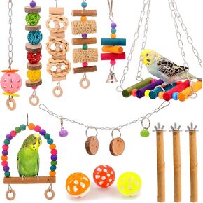 Bird Perch Parakeet Toys 14 PCS Natural Wood Toys, Bird Cage Accessories Parrot Hanging Cage Toy for Small Bird Conure Cockatiel Lovebird Budgie in Kuwait