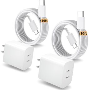 Dual USB C Charger Block 20W with USB C to USB C Cable 10ft for iPhone 16 Pro Max/ 16 Plus/i Phone 15, iPad Pro 13" 12.9" 11" M4/Air 6th M2/5th/4th/Mini 6 8.3-inch/ 10th Generation 10.9", 2Pack