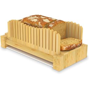 Bread Slicer for Homemade Bread, Bamboo Bread Slicer wiht Plastic Tray, Foldable Storage Bread Slicing for Kitchen