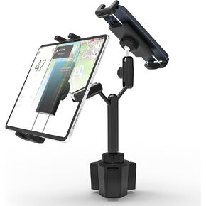 Car Tablet Mount Dual Metal Arm Tablet Holder, Rotation Cupholder Tablet & Phone Stand for iPad Pro Air Mini, iPhone 15/14/ 13/12 Max Pro, Fire HD and 4.7-12.9 inch Mobile Phone Tablet