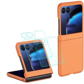 Moto Razr 2024 Case with [2 Sets] Back Screen Protector+Camera Lens Protector Tempered Glass for Motorola Razr 2024, with Liquid Silicone Shockproof | Colorful Anti-Stain Anti-Scratch -Orange