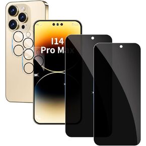 【2+2 Pack】 Privacy Screen Protector for iPhone 14 Pro max 9H Tempered Glass Anti-Spy Private Film Compatible for iPhone 14 Pro max and (2 Pack) Camera Lens Protector