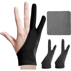Artist Drawing Glove 3-Layer Palm Rejection, Two-Finger Anti-Friction Design for Digital Art, Tablet, iPad,Graphics Pad,Paper Sketching,Left and Right Hand Fit,with Cleaning Cloth(2 Pack,Black,Large)