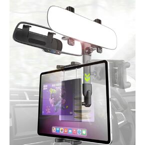 Charchendo Car Tablet Mount with 11.6" Rearview Mirror Anti Glare, 360° Rotation Rear View Mirror Phone Holder with Metal Adjustment Arm Compatible with 4.7-13" iPad Pro/Air/Mini, iPhone, Galaxy Z