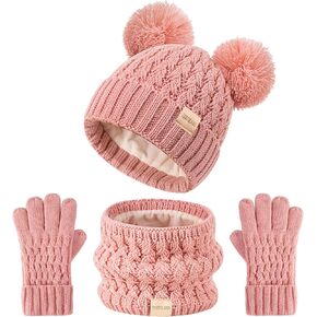 Kids Winter Hat Scarf Gloves Set Children's Warm Knit Fleece Lined Pompom Hat for Kids Ages 3-9, Perfect for Boys and Girls Purple