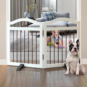 Foldable Freestanding Indoor Dog Gate for Doorways Wooden White Pet Gate for The House Dog Fence with Support Feet Included for Stairs, Hallways, 24" Height,4 Panels