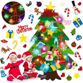 EMPOF Felt Christmas Tree for Kids Wall, 3.5FT Felt Tree for Toddlers with Lights+Griinchs Tic-Tac-Toe Game +32 Ornaments, DIY Felt Tree Set Xmas Indoor Decorations, Kids Toddler Christmas Presents