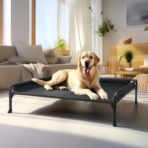 Veehoo Elevated Raised Dog Bed-Cooling Outdoor Dog Cots Beds for Large Sized Dogs Three-Sided Fence Raised Pet Cot with Durable & Breathable Mesh & No-Slip Feet Dog Hammock Bed-35"x 22" Black
