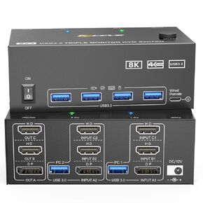 USB3.0 HDMI KVM Switch 3 Monitors 2 Computers 8K@60Hz 4K@144Hz,Displayport and HDMI Dual Monitor KVM Switch with 4 USB 3.0 Port for Keyboard Mouse Printer,Wired Remote, 2 HDMI+1 Displayport KVM