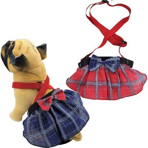 Pack of 2 Dog Skirt Female Diapers with Suspenders for Small and Large Pet 100% Cotton Plaid Tartan Blue Red (M/L: Waist 13" - 22")