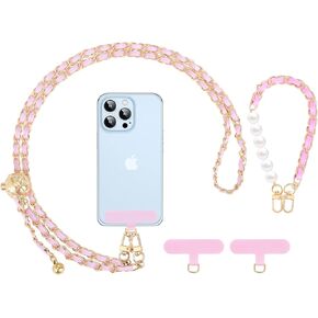 MoKo Phone Lanyard Crossbody, Adjustable Metal Cell Phone Lanyard, Universal Phone Chain Strap for iPhone, Samsung, Most Smartphones, Phone Neck Strap × 1, Wrist Strap x 1, Lanyard Patches × 2, Pink