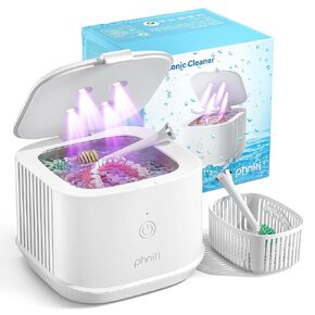 Ultrasonic Retainer Cleaner, Phniti 48kHz Professional Ultrasonic Cleaner for Retainers, Jewelry, Dentures, Mouth Guard, Aligner, Toothbrush Heads, 375ML Portable Dental Cleaning -White