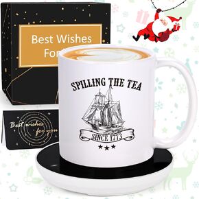 LiqCool History Gifts, Spilling The Tea Since 1773 Coffee Mug with Smart Warmer Coaster Set, Cool History Teacher Gifts, Christmas Birthday Gifts for History Major/Teacher/Men/Women(11 Oz White)