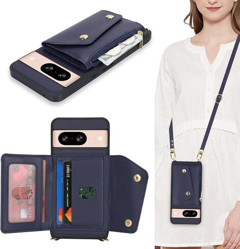 for Google Pixel 8 Case with Card Holder and Strap - Zipper Pocket,Crossbody Lanyard Strap,Credit Card Holder,Cute Phone Wallet Case for Women(Dark Blue) in Saudi Arabia