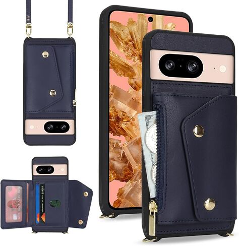for Google Pixel 8 Case with Card Holder and Strap - Zipper Pocket,Crossbody Lanyard Strap,Credit Card Holder,Cute Phone Wallet Case for Women(Dark Blue) in Saudi Arabia