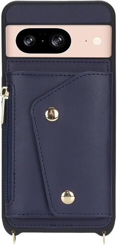 for Google Pixel 8 Case with Card Holder and Strap - Zipper Pocket,Crossbody Lanyard Strap,Credit Card Holder,Cute Phone Wallet Case for Women(Dark Blue) in Saudi Arabia