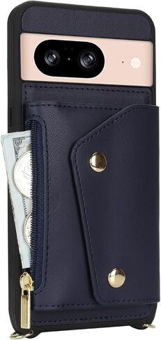 for Google Pixel 8 Case with Card Holder and Strap - Zipper Pocket,Crossbody Lanyard Strap,Credit Card Holder,Cute Phone Wallet Case for Women(Dark Blue) in Saudi Arabia