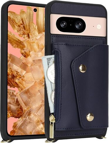 for Google Pixel 8 Case with Card Holder and Strap - Zipper Pocket,Crossbody Lanyard Strap,Credit Card Holder,Cute Phone Wallet Case for Women(Dark Blue) in Saudi Arabia