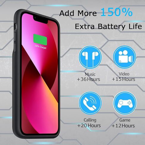 Battery Case for iPhone 13 Mini, Upgraded 6500mAh Ultra-Slim Portable Rechargeable Extended Battery Pack Charging Case Compatible with iPhone 13 Mini (5.4 inch) Charger Case Support Carplay (Black) in Kuwait