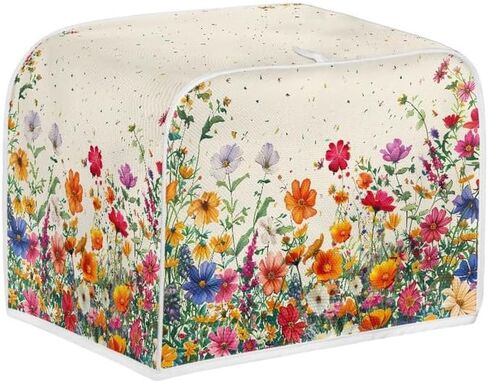 Colorful Flower Bushes Toaster Cover 2|4 Slice, Cartoon Daisy Dahlia Kitchen Small Appliance Cover Watercolor Pastoral Style Dust and Fingerprint Protection, Machine Washable -S in Saudi Arabia