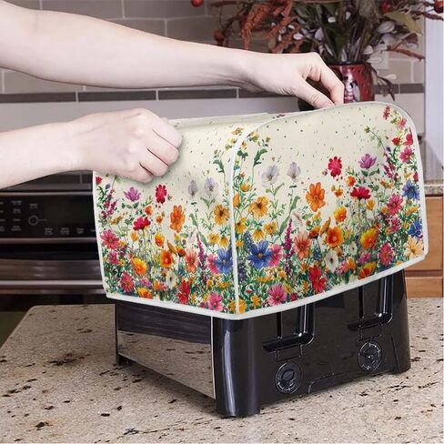 Colorful Flower Bushes Toaster Cover 2|4 Slice, Cartoon Daisy Dahlia Kitchen Small Appliance Cover Watercolor Pastoral Style Dust and Fingerprint Protection, Machine Washable -S in Saudi Arabia