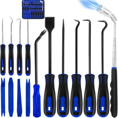 17 PCS Long Pick Set Hook and Pick Set Hose Pick O-Ring Pick with Metal Scraper Magnetic Telescoping Tool Car Trim Removal Tool Automotive Kit (Blue-17PCS) in Kuwait