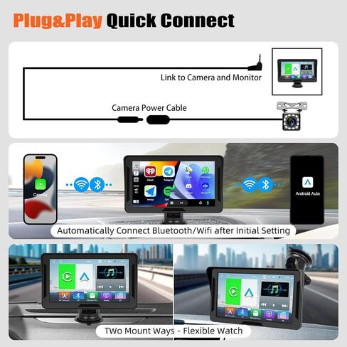 شاشة Carplay لاسلكية للسيارة، شاشة لمس عالية الدقة مقاس 7 بوصات، أجهزة استقبال صوت راديو السيارة المحمولة، شاشة تلقائية Android لاسلكية مع Apple Airplay/وصلة مرآة/بلوتوث/FM/AUX/GPS/كاميرا احتياطية لجميع المركبات in Saudi Arabia