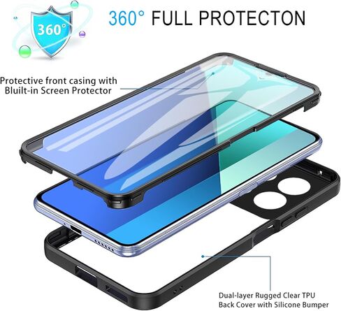 360°All-Inclusive Case for Xiaomi Redmi Note 13 4G (Not 5G), [Built in Screen Protector] Dual Layer Full Body Shockproof Dustproof Clear Phone Case for Xiaomi Redmi Note 13 4G QB-Black in Saudi Arabia