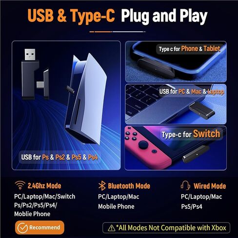 2.4GHz Wireless Gaming Headset with Microphone, 2.4G USB & Type C Transmitter - 30h Battery Life - RGB Lighting Gaming Headphones for PS5, PS4, PC, Phone in Saudi Arabia