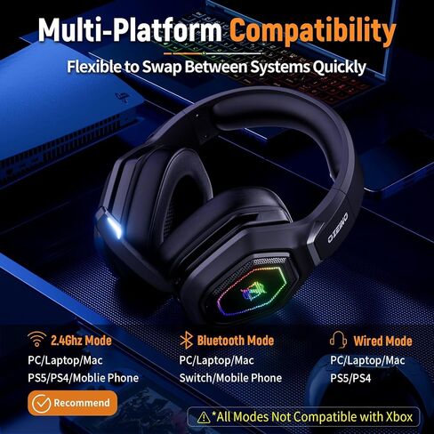 2.4GHz Wireless Gaming Headset with Microphone, 2.4G USB & Type C Transmitter - 30h Battery Life - RGB Lighting Gaming Headphones for PS5, PS4, PC, Phone in Saudi Arabia
