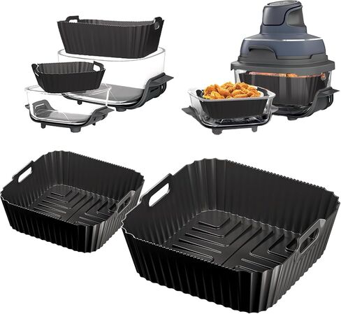 2pcs Silicone Air Fryer Liners for Ninja Crispi Glass Air Fryer FN101GY 4 & 6 QT, Reusable Airfryer Basket Liners for Ninja, Large & Small Silicone Trays for Oven Microwave Kitchen Accessories in Saudi Arabia