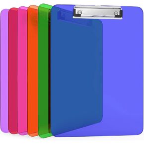 6 Pack Plastic Clipboards Colored Transparent Clear Clip Boards with Low Profile Metal Clip Board 12.5x9 Inch Letter Size Bulk Class Set Acrylic Clip Boards with Hanging Hook - Holds 100 Sheets