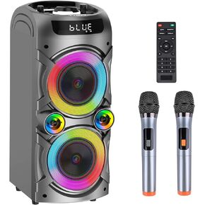 TYOTY Karaoke Machine with 2 Wireless Microphones, Portable PA System Big Bluetooth Speaker with LED Lights, Remote Control Support Bass/Treble Adjustment, TF Card/USB, REC for Adult Kids Home Party