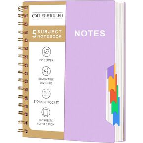 CAGIE 5 Subject Notebook College Ruled 8.5'' x 11'' Hardcover Spiral Lined Notebook with 5 Removable Colored Dividers 240 Pages Notebooks for Work, School Supplies, Home & Office, Writing Journal